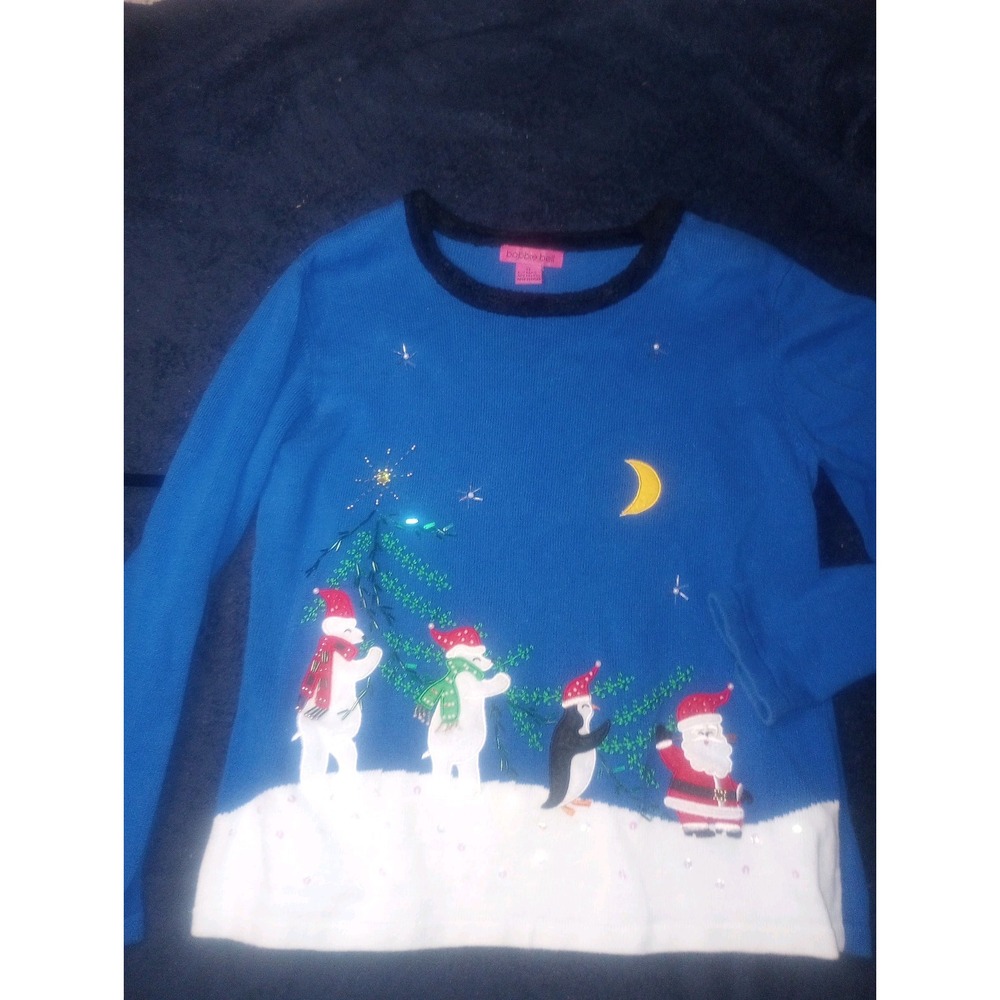 Vtg Bobbie Bell XL‎ Soft Cotton Blend Long Sleeve Polar Bear, Santa Multicolor